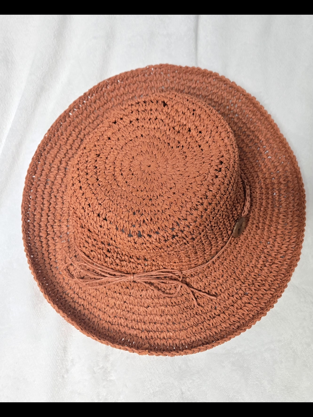 Triangle Headwear Rust Crochet Straw Sun Hat – Scalloped Edge Wide Hat- One Size